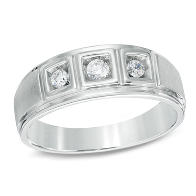 Men's 0.23 CT. T.W. Diamond Comfort Fit Three Stone Ring in 10K White Gold