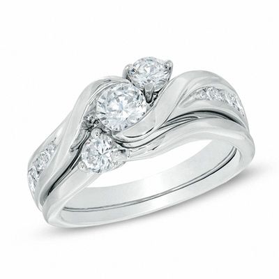 1.00 CT. T.W. Diamond Three Stone Slant Bridal Set in 14K White Gold