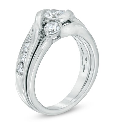 1.00 CT. T.W. Diamond Three Stone Slant Bridal Set in 14K White Gold