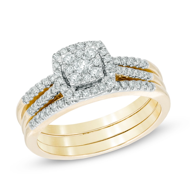 CT. T.W. Diamond Square Cluster Frame Three Piece Bridal Set in 10K Gold|Peoples Jewellers