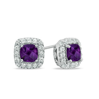 5.0mm Cushion-Cut Amethyst and Lab-Created White Sapphire Frame Stud Earrings in Sterling Silver