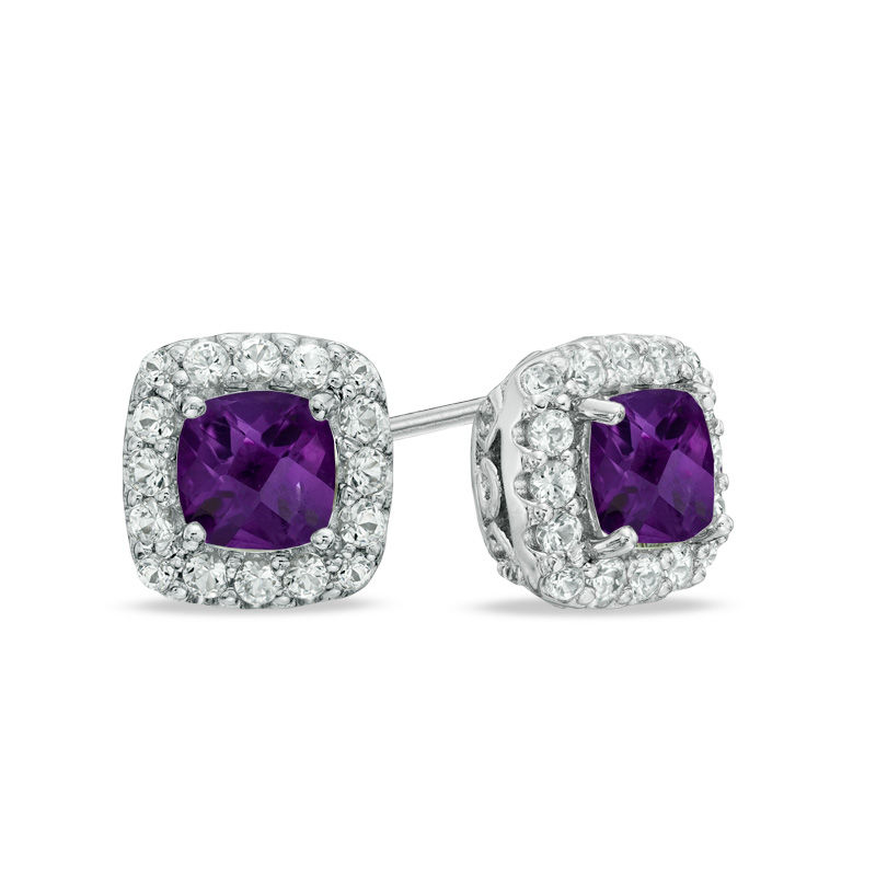 5.0mm Cushion-Cut Amethyst and Lab-Created White Sapphire Frame Stud Earrings in Sterling Silver|Peoples Jewellers