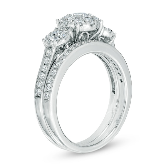 1.00 CT. T.W. Diamond Three Stone Frame Bridal Set in 14K White Gold