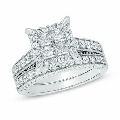 1.50 CT. T.W. Quad Princess-Cut Diamond Frame Bridal Set in 14K White Gold