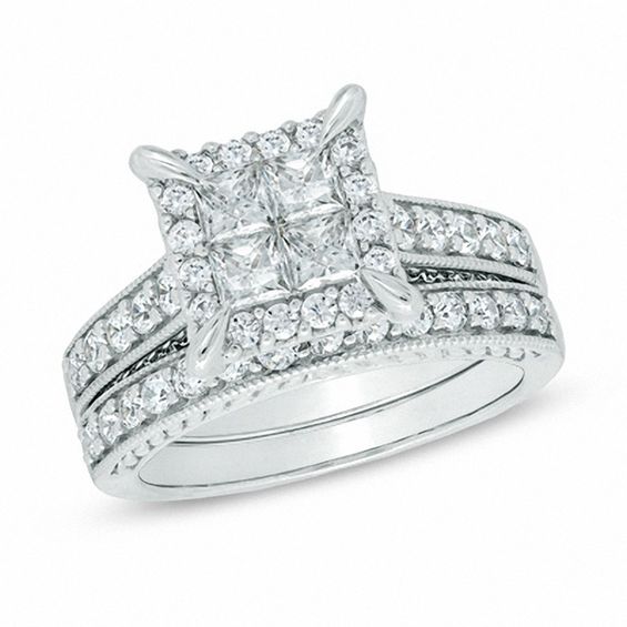 1.50 CT. T.W. Quad Princess-Cut Diamond Frame Bridal Set in 14K White ...