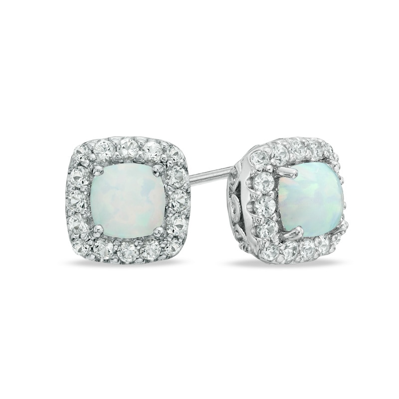 5.0mm Cushion-Cut Lab-Created Opal and White Sapphire Frame Stud Earrings in Sterling Silver|Peoples Jewellers