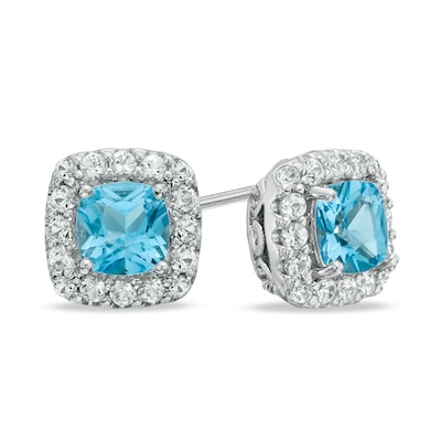 5.0mm Cushion-Cut Swiss Blue Topaz and Lab-Created White Sapphire Frame Stud Earrings in Sterling Silver