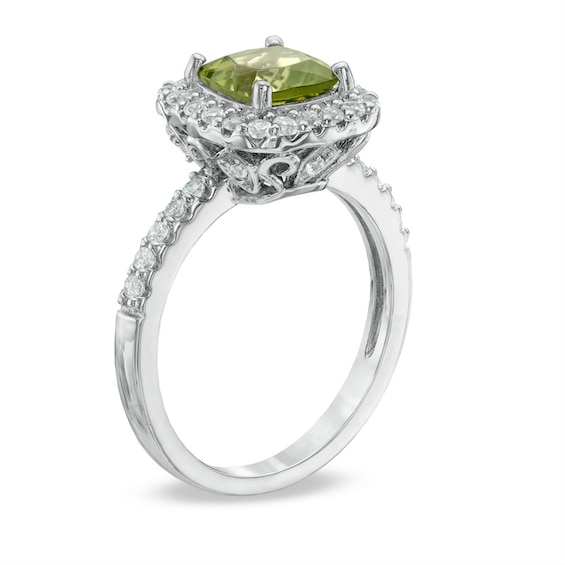 7.0mm Cushion-Cut Peridot and Lab-Created White Sapphire Frame Ring in Sterling Silver