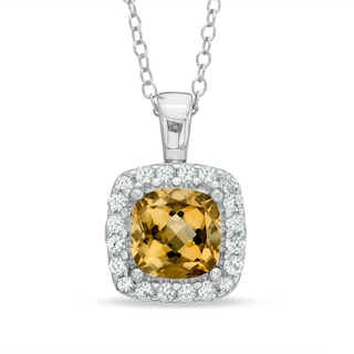 7.0mm Cushion-Cut Citrine and Lab-Created White Sapphire Frame Pendant in Sterling Silver