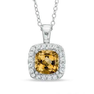 7.0mm Cushion-Cut Citrine and Lab-Created White Sapphire Frame Pendant in Sterling Silver