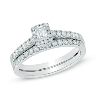 0.60 CT. T.W. Certified Emerald-Cut Diamond Frame Bridal Set in 14K White Gold (I/SI2)