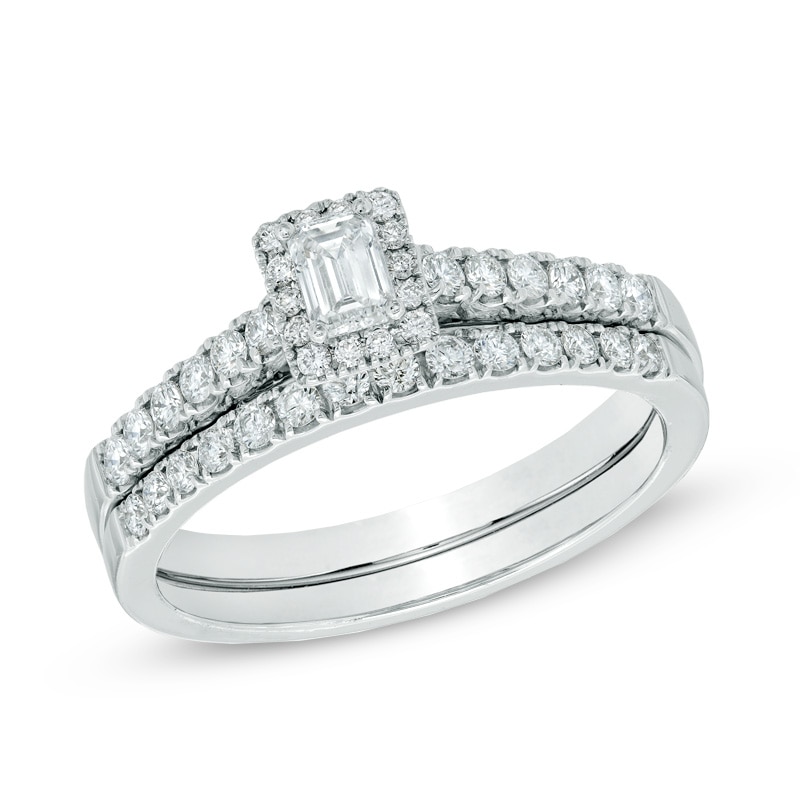 0.60 CT. T.W. Certified Emerald-Cut Diamond Frame Bridal Set in 14K White Gold (I/SI2)|Peoples Jewellers