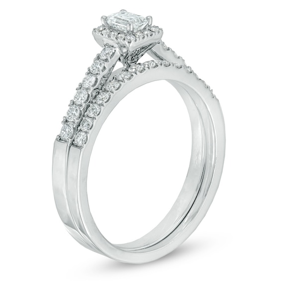 0.60 CT. T.W. Certified Emerald-Cut Diamond Frame Bridal Set in 14K White Gold (I/SI2)