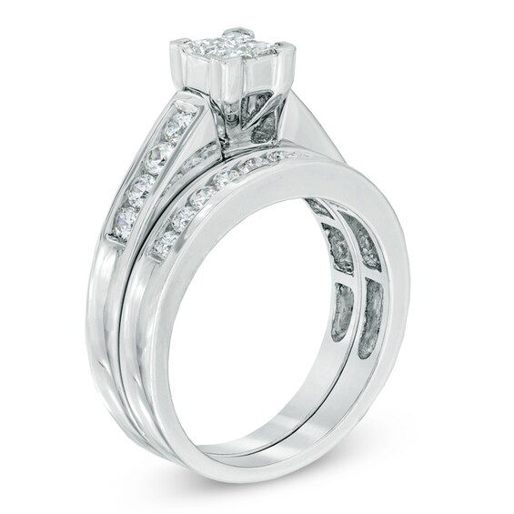 1.00 CT. T.W. Certified Princess-CutQuad Diamond Bridal Set in 14K White Gold (I/SI2)