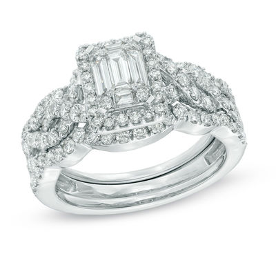 1.50 CT. T.W. Multi-Baguette Diamond Frame Twist Three Piece Bridal Set in 14K White Gold