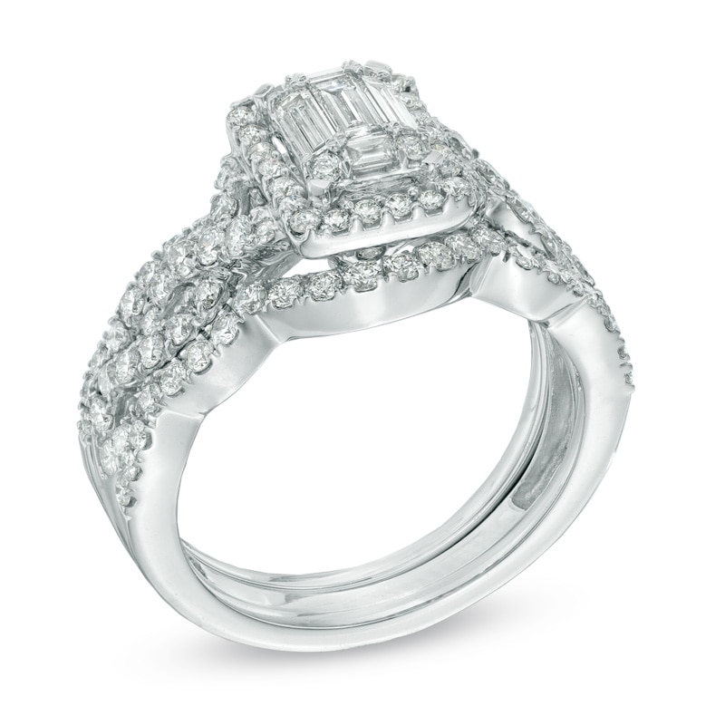 1.50 CT. T.W. Multi-Baguette Diamond Frame Twist Three Piece Bridal Set in 14K White Gold|Peoples Jewellers