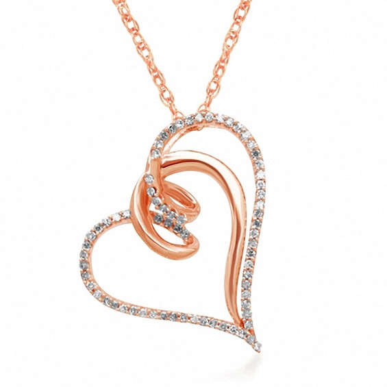 0.15 CT. T.W. Diamond Tilted Double Looping Heart Pendant in 10K Rose Gold