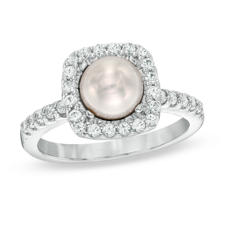 6.5-7.0mm Freshwater Cultured Pearl and Lab-Created White Sapphire Frame Ring in Sterling Silver|Peoples Jewellers