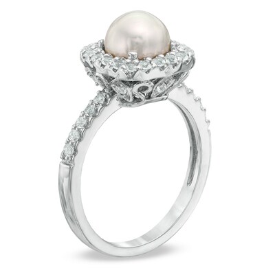 6.5-7.0mm Freshwater Cultured Pearl and Lab-Created White Sapphire Frame Ring in Sterling Silver