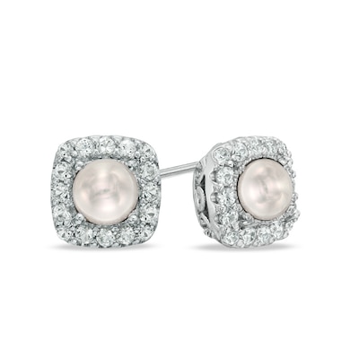 4.5-5.0mm Freshwater Cultured Pearl and Lab-Created White Sapphire Frame Stud Earrings in Sterling Silver