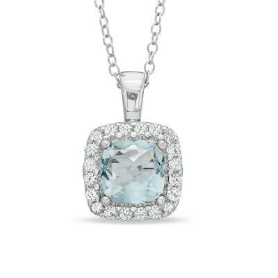 7.0mm Cushion-Cut Lab-Created Blue Spinel and White Sapphire Frame Pendant in Sterling Silver