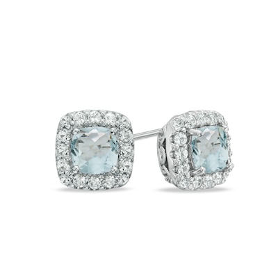 5.0mm Cushion-Cut Lab-Created Blue Spinel and White Sapphire Frame Stud Earrings in Sterling Silver