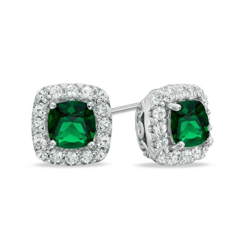 5.0mm Cushion-Cut Green Quartz Doublet and Lab-Created White Sapphire Frame Earrings in Sterling Silver|Peoples Jewellers