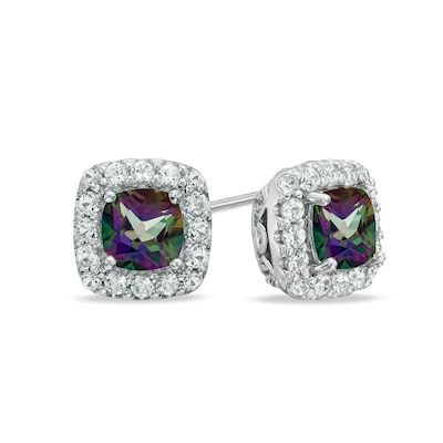 5.0mm Mystic Fire® Topaz and Lab-Created White Sapphire Frame Stud Earrings in Sterling Silver