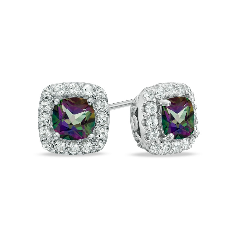 5.0mm Mystic Fire® Topaz and Lab-Created White Sapphire Frame Stud Earrings in Sterling Silver|Peoples Jewellers