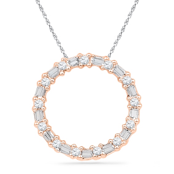 0.20 CT. T.W. Baguette and Round Diamond Circle Pendant in 10K Rose Gold