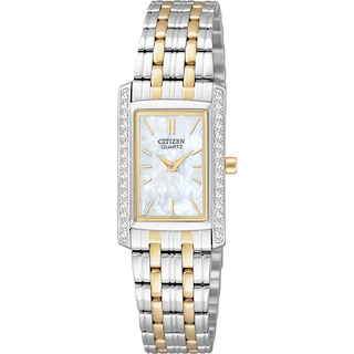 Ladies' Citizen Quartz Crystal Two-Tone Watch with Rectangular Mother-of-Pearl Dial (Model: EK1124-54D)