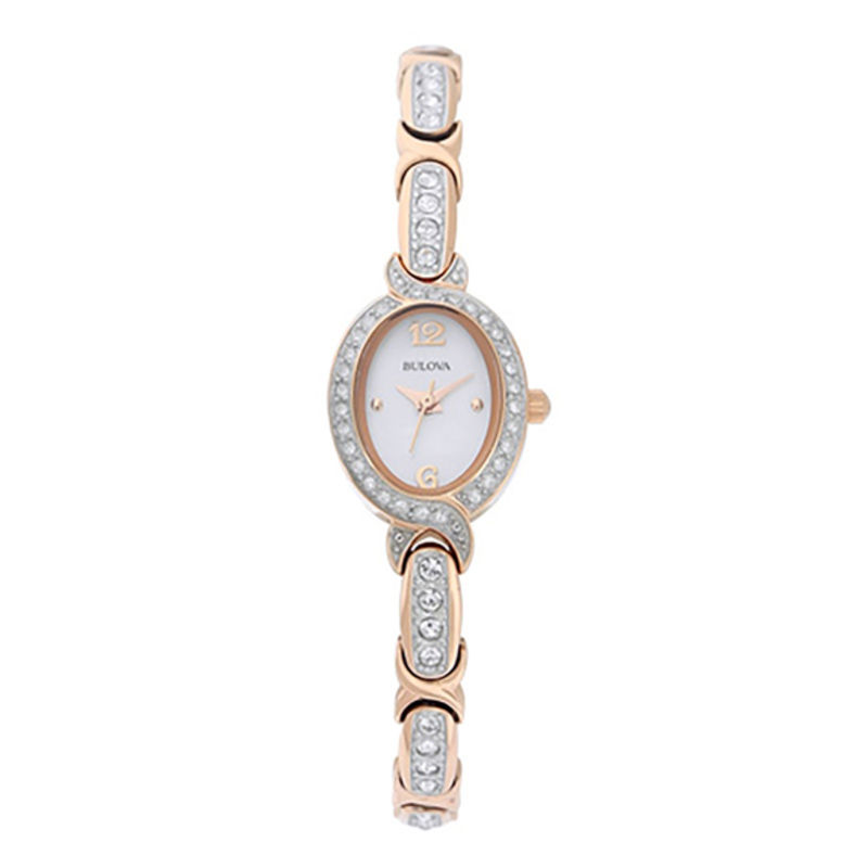 Ladies' Bulova Crystal Accent Rose-Tone Watch with Oval Mother-of-Pearl Dial (Model: 98L200)