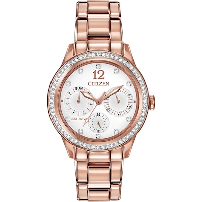 Ladies' Citizen Eco-Drive® Crystal Chronograph Rose-Tone Watch with White Dial (Model: FD2013-50A)