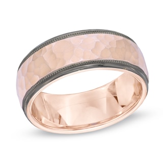 Men's 8.0mm Hammered Wedding Band in 10K Rose Gold with Black RhodiumEdges