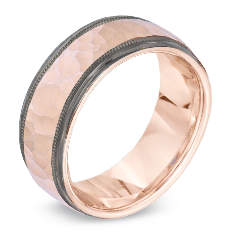 Men's 8.0mm Hammered Wedding Band in 10K Rose Gold with Black RhodiumEdges|Peoples Jewellers