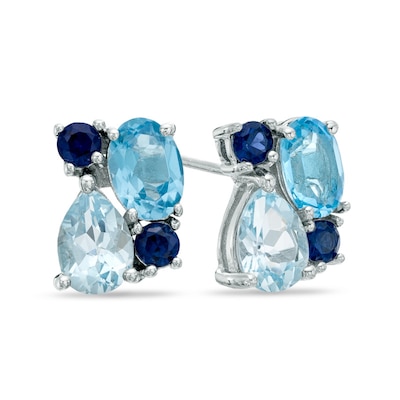 Blue Topaz Cluster Stud Earrings in Sterling Silver