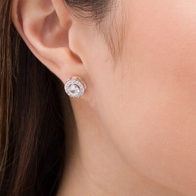 5.0mm White Lab-Created Sapphire Frame Stud Earrings in Sterling Silver and 18K Rose Gold Plate