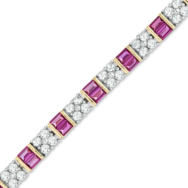 Baguette Lab-Created Ruby and White Sapphire Bracelet in Sterling Silver and 14K Gold Plate - 7.25"|Peoples Jewellers