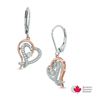 0.33 CT. T.W. Certified Canadian Diamond Heart Drop Earrings in Sterling Silver and 10K Rose Gold (I/I2)