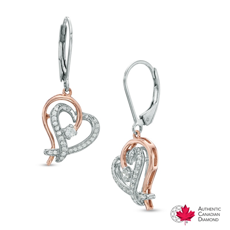 0.33 CT. T.W. Certified Canadian Diamond Heart Drop Earrings in Sterling Silver and 10K Rose Gold (I/I2)|Peoples Jewellers