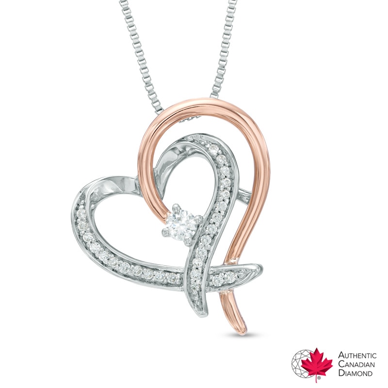 0.18 CT. T.W. Certified Canadian Diamond Ribbon Heart Pendant in Sterling Silver and 10K Rose Gold (I/I2)|Peoples Jewellers
