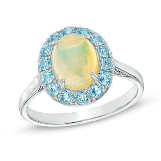 Oval Yellow Opal and Sky Blue Topaz Frame Ring in 10K White Gold