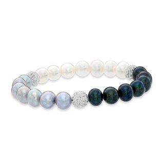 8.0-9.0mm Black, Grey and White Freshwater Cultured Pearl and Crystal Strand Bracelet-7.25"