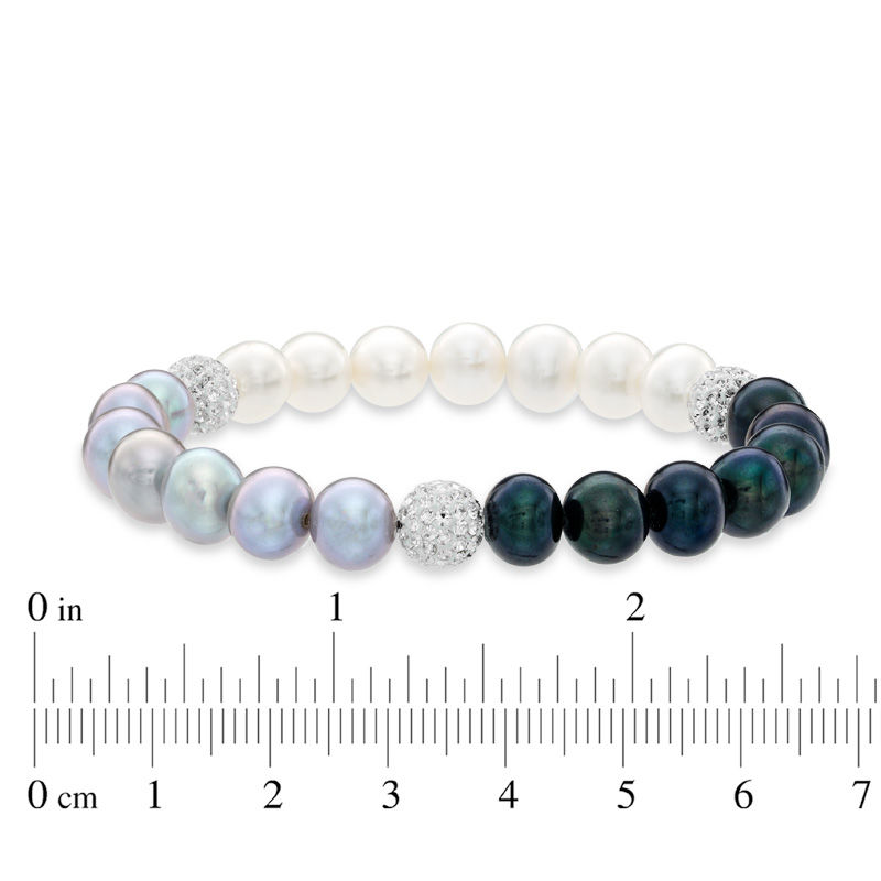 8.0-9.0mm Black, Grey and White Freshwater Cultured Pearl and Crystal Strand Bracelet-7.25"
