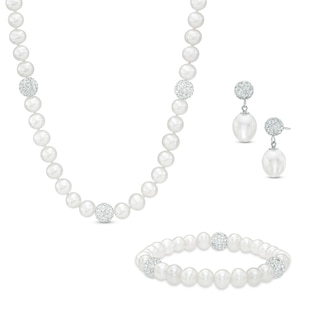 6.0-8.0mm Freshwater Cultured Pearl and Crystal Bead Necklace, Bracelet and Earrings Set in Sterling Silver