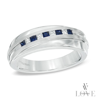 Vera Wang Love Collection Men's Square-Cut Blue Sapphire and 0.15 CT. T.W. Diamond Slant Band in 14K White Gold