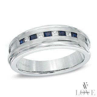 Vera Wang Love Collection Men's Square-Cut Blue Sapphire and 0.18 CT. T.W. Diamond Band in 14K White Gold