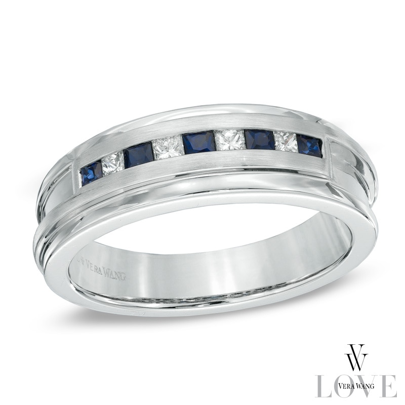 Vera Wang Love Collection Men's Square-Cut Blue Sapphire and 0.18 CT. T.W. Diamond Band in 14K White Gold|Peoples Jewellers