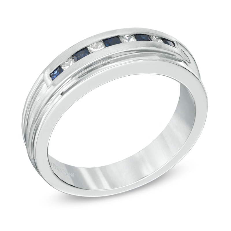 Vera Wang Love Collection Men's Square-Cut Blue Sapphire and 0.18 CT. T.W. Diamond Band in 14K White Gold|Peoples Jewellers