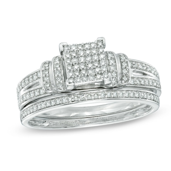 0.33 CT. T.W. Diamond Square Composite Double Collar Bridal Set in 10K White Gold